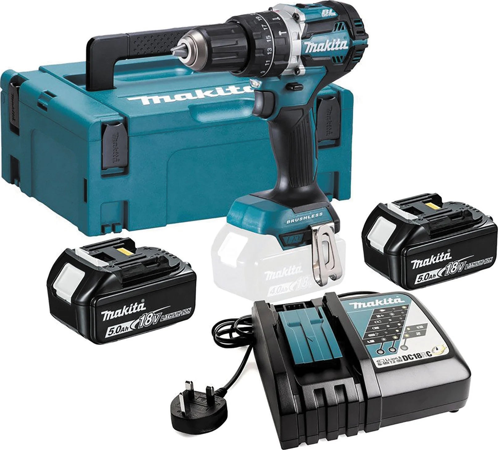 Makita DHP484RTJ 18V LXT Brushless Combi Drill 2x 5.0Ah Batteries Charger Makpac Case